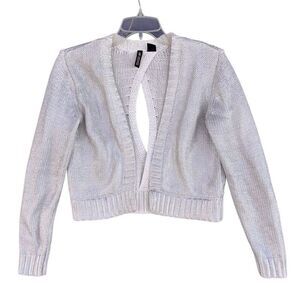 H&M White Silver Open Knit Cardigan Organic Cotton Women Sz 4 Back Cutout Shiny